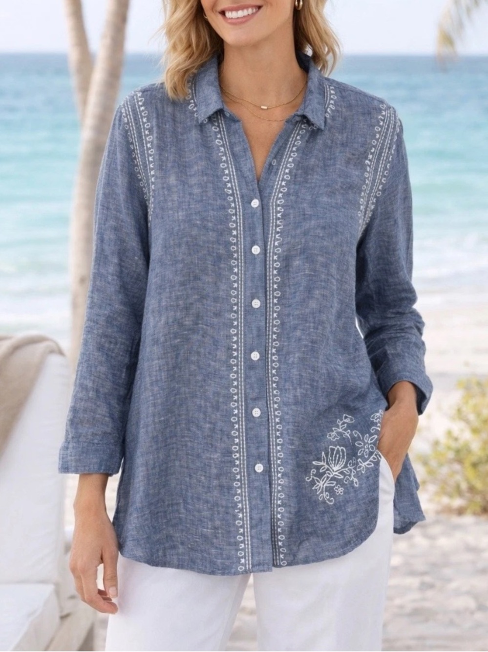 John Mark Embroidered Linen Tab Sleeve Roll-Tap Shirt Blue Chambray 3X